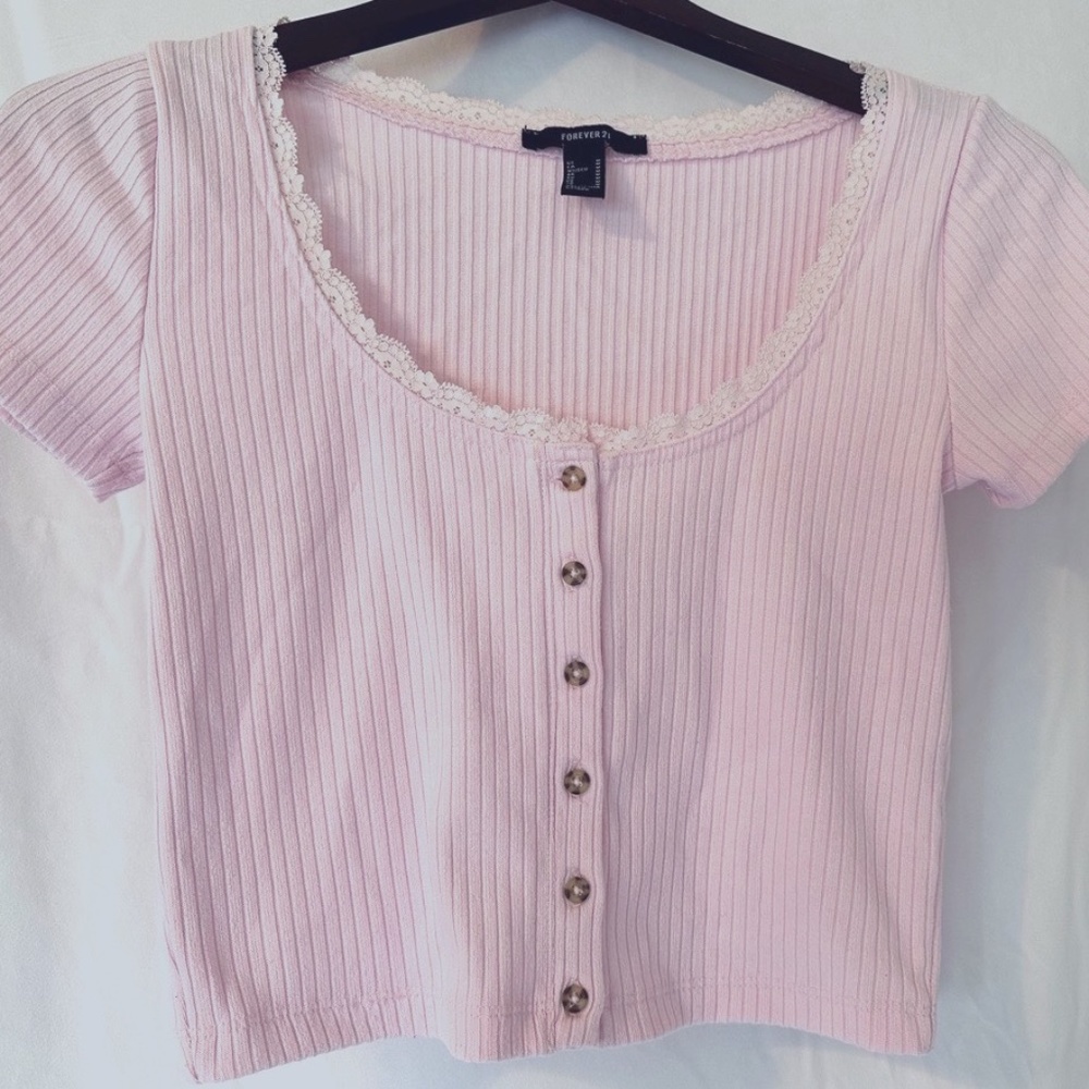 Forever 21 Pink Crop Top with Lace and Button Details!